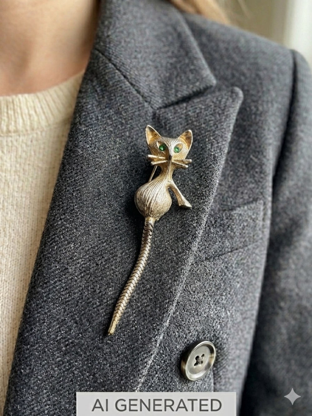 Vintage Cat Brooch with Flexible Snake Tail - Picture 3 of 14